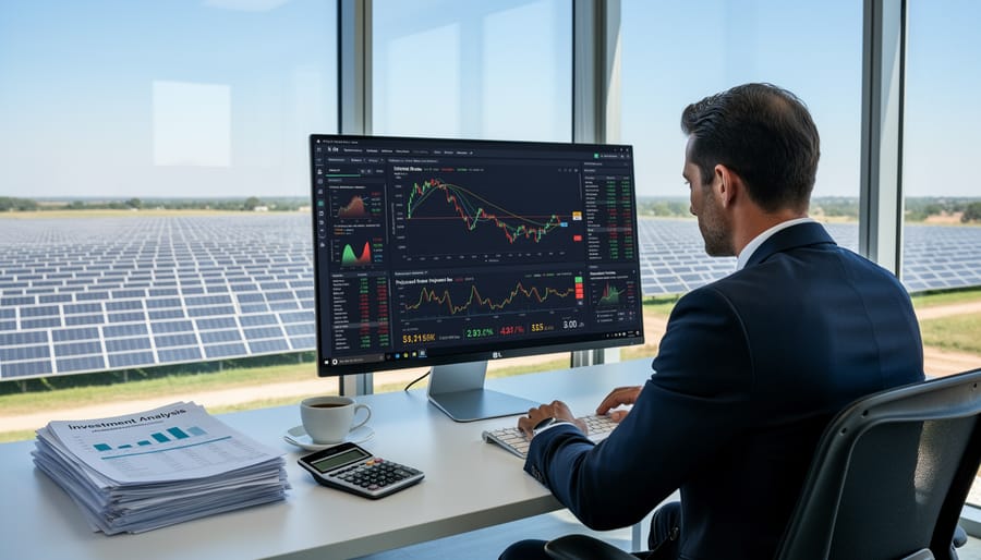 Business professional analyzing financial documents with solar farm visible through office window