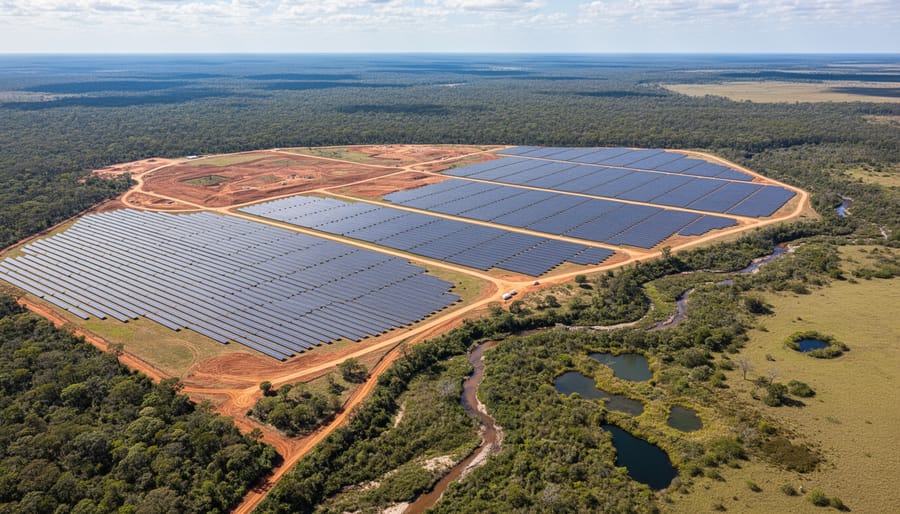 Aerial view of solar installation showing land use contrast with adjacent forest