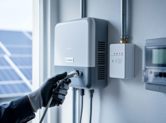 Gloved technician holding an Ethernet cable near a wall-mounted solar PV inverter with a small gateway, with blurred rooftop solar panels, conduit, and a utility smart meter in the background under soft daylight.