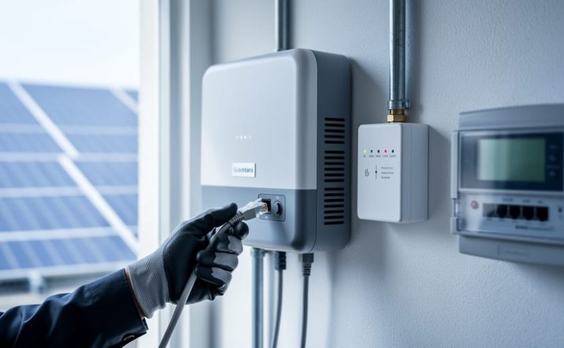 Gloved technician holding an Ethernet cable near a wall-mounted solar PV inverter with a small gateway, with blurred rooftop solar panels, conduit, and a utility smart meter in the background under soft daylight.
