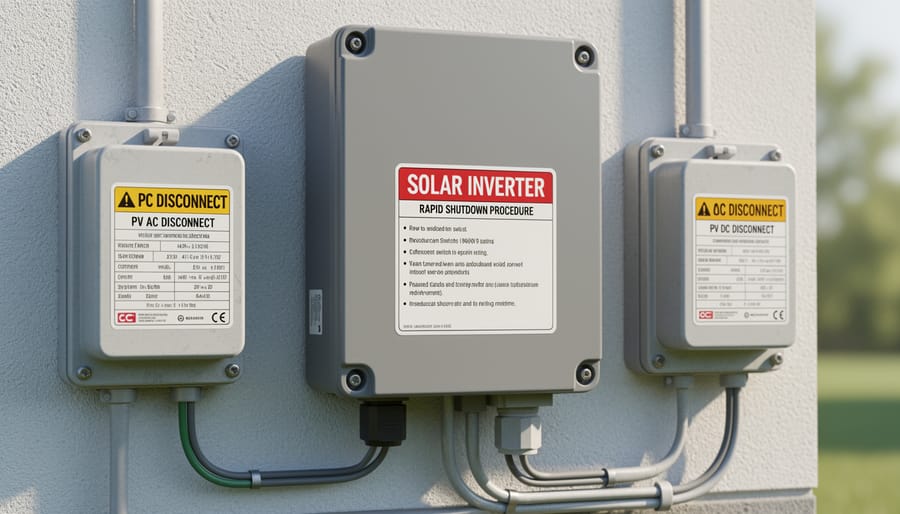 Solar inverter unit with conduit connections mounted on exterior building wall