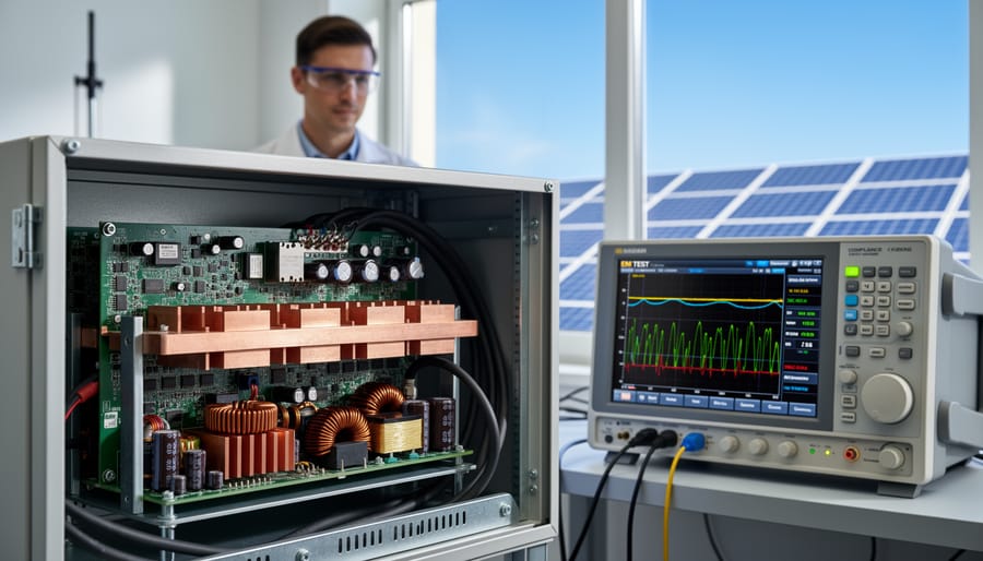 Modern solar inverter mounted on wall with professional cable management