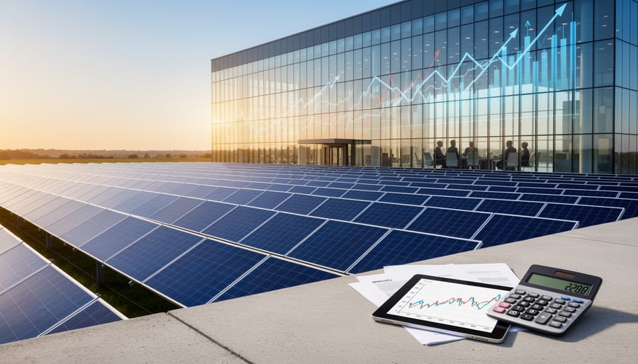 Commercial rooftop solar panel installation with financial district buildings in background