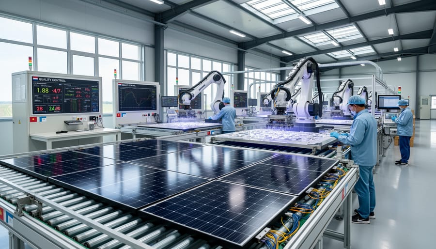 Workers inspecting solar panels in modern manufacturing facility