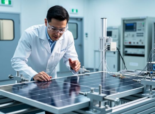 "Technician wearing safety glasses examines a crystalline silicon solar panel secured in a mechanical load test rig with sensors in a modern certification laboratory, with environmental chamber and instruments softly blurred in the background."