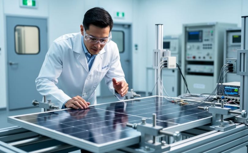 "Technician wearing safety glasses examines a crystalline silicon solar panel secured in a mechanical load test rig with sensors in a modern certification laboratory, with environmental chamber and instruments softly blurred in the background."