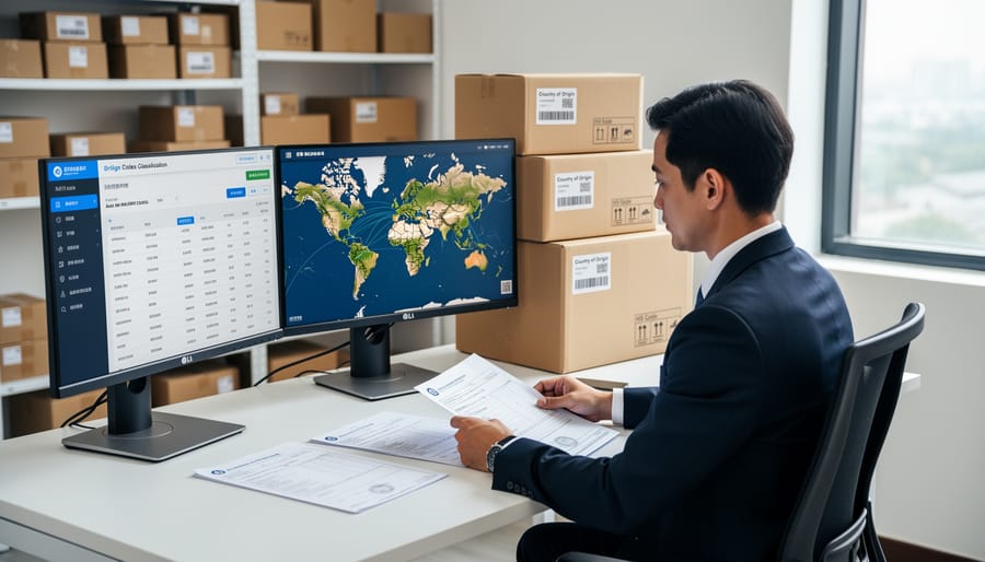 Warehouse inspector checking solar panel labels and origin markings