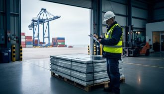 Customs inspector in a safety vest reviewing a clipboard beside palletized solar panels at an open seaport warehouse, with stacked containers, gantry cranes, and a forklift softly blurred in the background under cool overcast daylight.