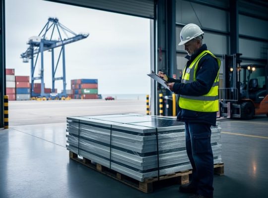 Customs inspector in a safety vest reviewing a clipboard beside palletized solar panels at an open seaport warehouse, with stacked containers, gantry cranes, and a forklift softly blurred in the background under cool overcast daylight.