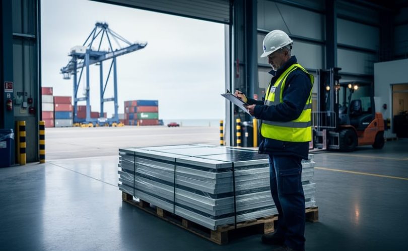 Customs inspector in a safety vest reviewing a clipboard beside palletized solar panels at an open seaport warehouse, with stacked containers, gantry cranes, and a forklift softly blurred in the background under cool overcast daylight.