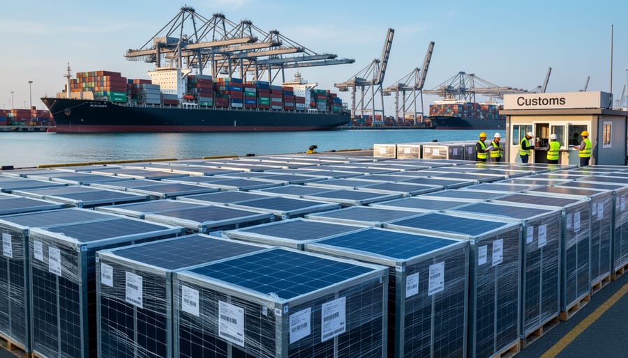 Solar panels and shipping containers at commercial port facility
