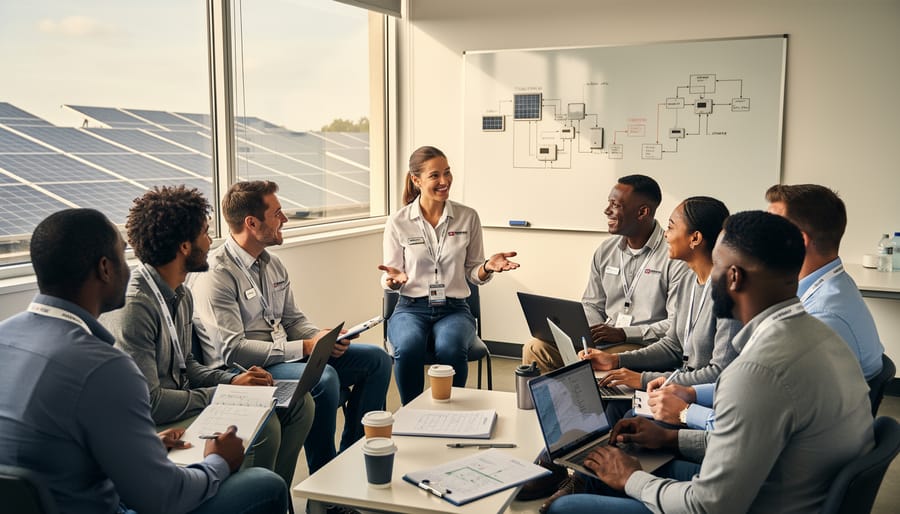 Group of solar professionals collaborating in educational training environment