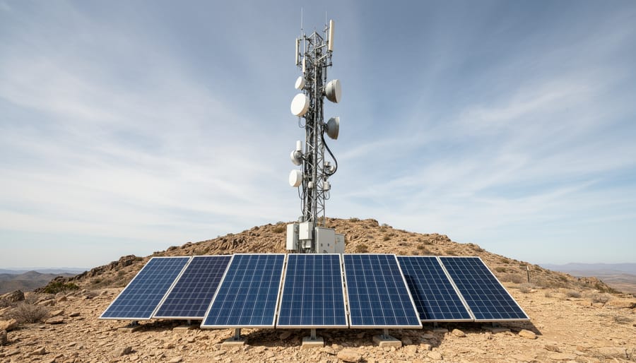 Cell tower in remote location with solar panel array at base