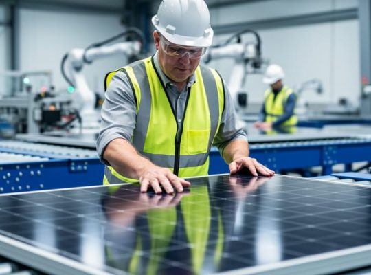 Procurement manager wearing safety gear closely inspecting a photovoltaic panel on a manufacturing conveyor line inside a modern factory, with blurred workers and machinery in the background, cool blue-gray tones, no visible text or logos.