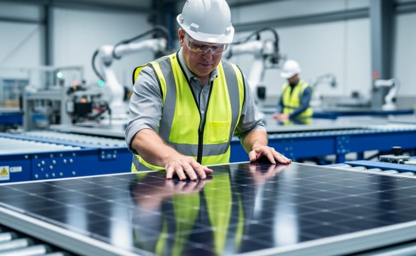 Procurement manager wearing safety gear closely inspecting a photovoltaic panel on a manufacturing conveyor line inside a modern factory, with blurred workers and machinery in the background, cool blue-gray tones, no visible text or logos.
