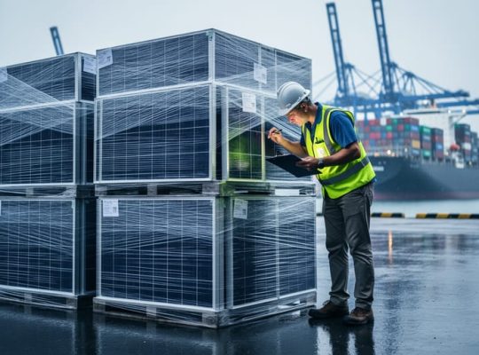Stacked pallets of solar panels wrapped in plastic on a wet port dock under storm clouds, with a high-visibility-clad inspector examining the shipment as cargo cranes and a ship blur in the background.