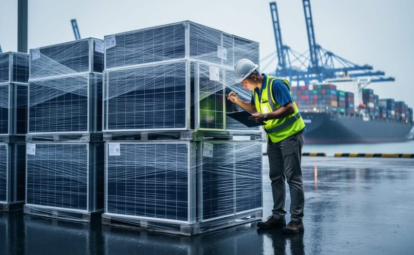 Stacked pallets of solar panels wrapped in plastic on a wet port dock under storm clouds, with a high-visibility-clad inspector examining the shipment as cargo cranes and a ship blur in the background.