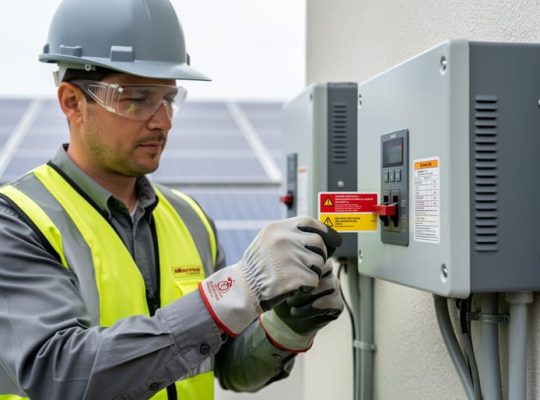 Electrician in PPE attaching a color-coded safety label plate to a gray main service disconnect next to a wall-mounted inverter, with rooftop solar panels and conduit softly blurred in the background.
