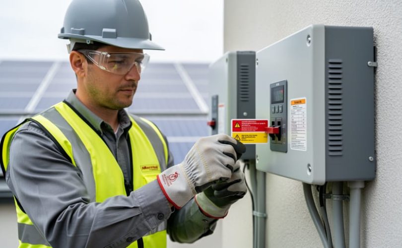 Electrician in PPE attaching a color-coded safety label plate to a gray main service disconnect next to a wall-mounted inverter, with rooftop solar panels and conduit softly blurred in the background.