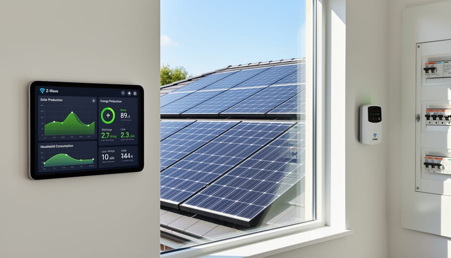 Solar panels on residential roof with Z-Wave energy monitoring system installed