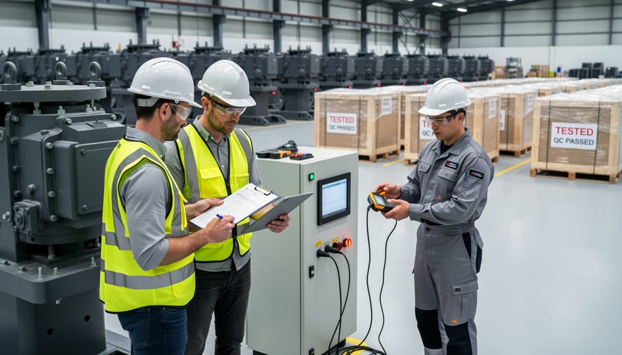 Quality inspector examining solar panel module during factory inspection process