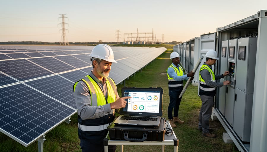 Solar technician inspecting battery storage system integrated with solar panel installation