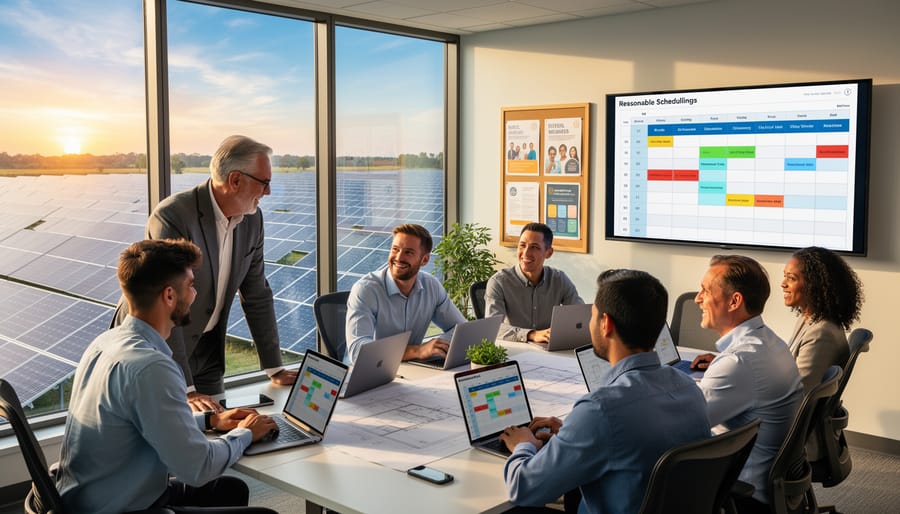 Solar installation team collaborating safely on ground-mounted solar array project