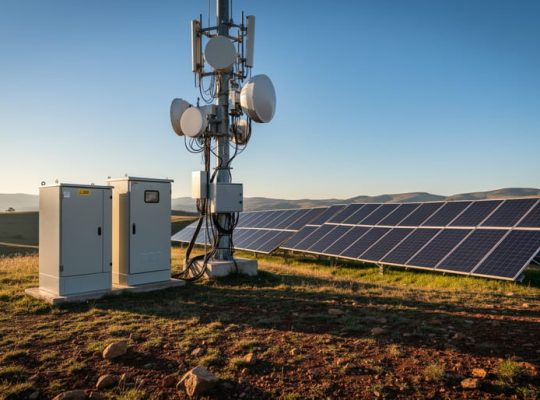 Low-angle view of a telecom tower with microwave dishes next to a ground-mounted solar panel array and battery cabinet on a remote hillside at golden hour, with distant hills and a clear sky.