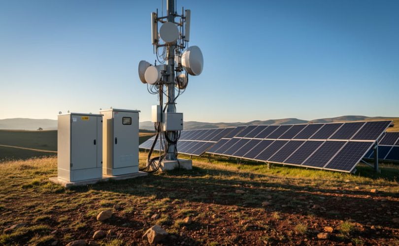 Low-angle view of a telecom tower with microwave dishes next to a ground-mounted solar panel array and battery cabinet on a remote hillside at golden hour, with distant hills and a clear sky.
