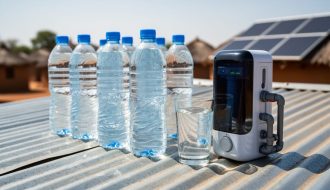PET bottles undergoing solar disinfection on a rooftop next to a small solar-powered filtration unit, with a glass of clean water in the foreground and distant photovoltaic panels and village huts softly blurred behind
