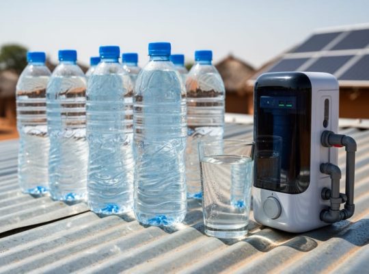 PET bottles undergoing solar disinfection on a rooftop next to a small solar-powered filtration unit, with a glass of clean water in the foreground and distant photovoltaic panels and village huts softly blurred behind