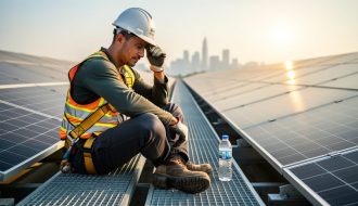 Solar installer in helmet and harness pausing on a rooftop solar array, wiping sweat under late-afternoon sun, with blurred panel rows and a distant city skyline in the background.
