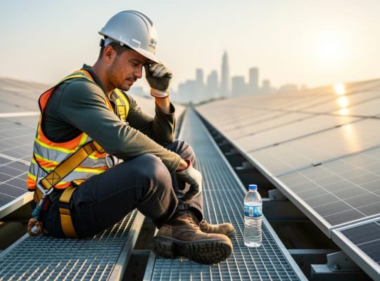 Solar installer in helmet and harness pausing on a rooftop solar array, wiping sweat under late-afternoon sun, with blurred panel rows and a distant city skyline in the background.