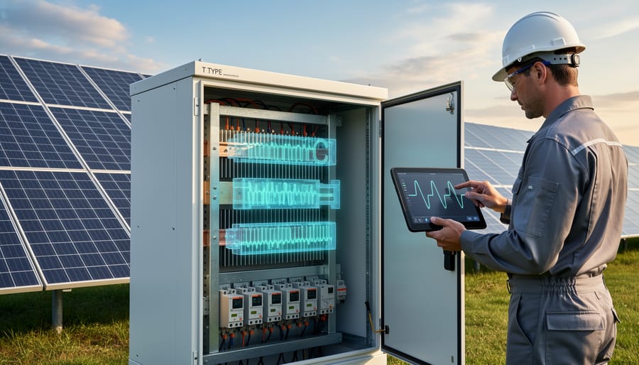 T-type solar inverter unit mounted on wall showing heat sink design and power connections