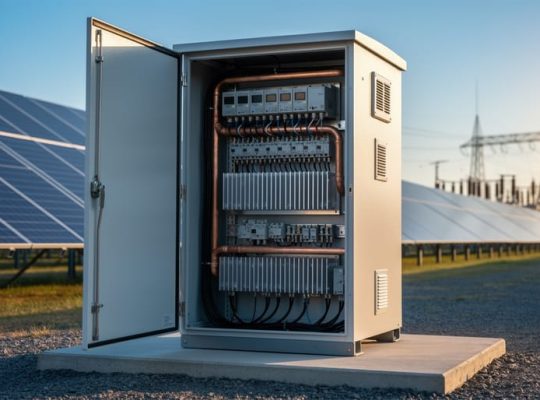 Open solar inverter cabinet with visible power modules and heat sinks next to rows of photovoltaic panels at sunrise, photographed at eye level from a three-quarter angle