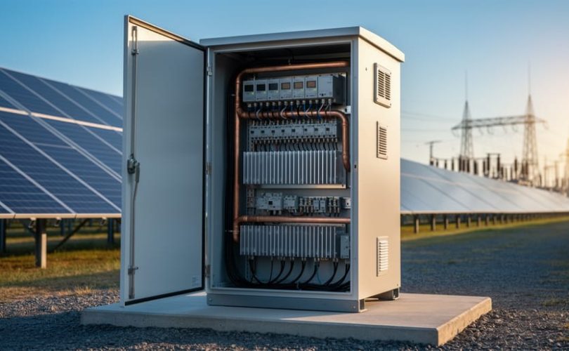 Open solar inverter cabinet with visible power modules and heat sinks next to rows of photovoltaic panels at sunrise, photographed at eye level from a three-quarter angle