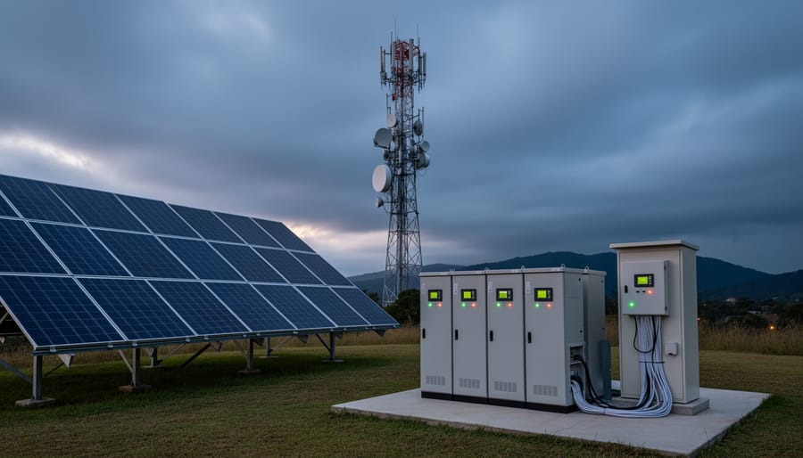 Solar panels and battery storage system integrated with telecommunications infrastructure