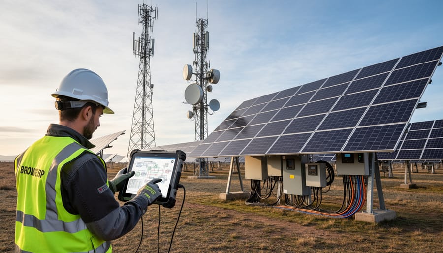 Technician performing maintenance check on telecommunications solar power system