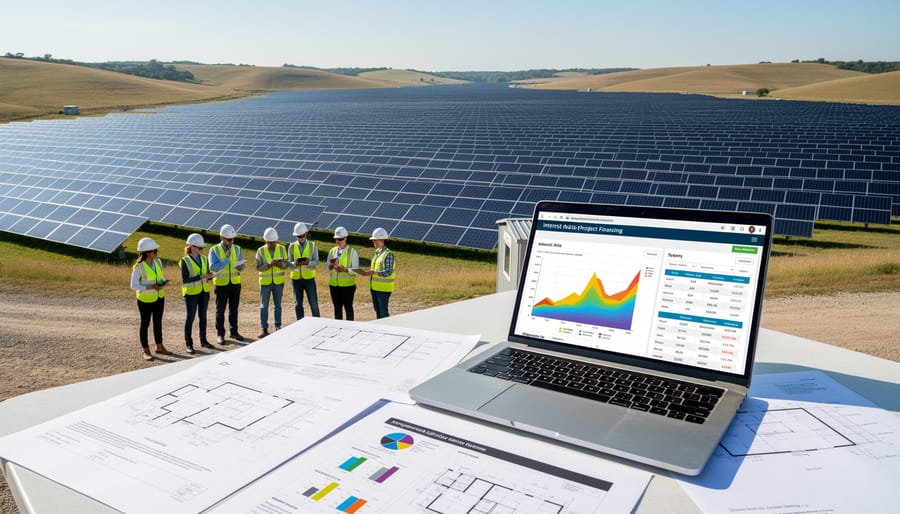 Construction crew installing mounting structures for utility-scale solar panel array