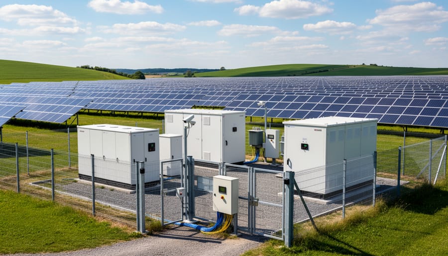 Large-scale solar farm showing central inverter infrastructure and panel arrays