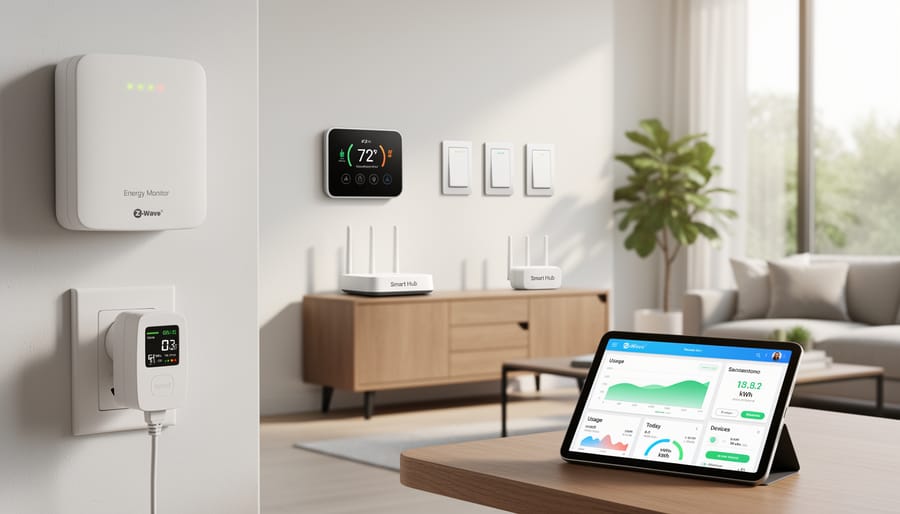 Z-Wave energy monitoring device installed on electrical panel with wireless connectivity
