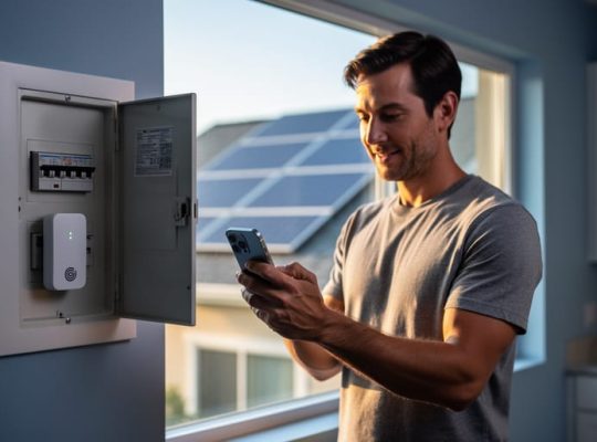 Person holding a smartphone near an electrical panel fitted with a small wireless Z-Wave energy sensor, with rooftop solar panels visible through a window in the softly lit, blurred background.