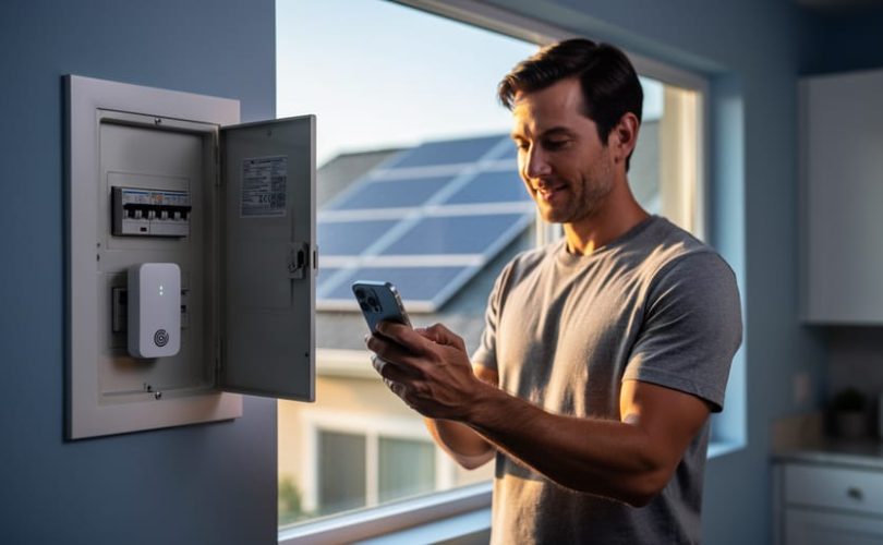 Person holding a smartphone near an electrical panel fitted with a small wireless Z-Wave energy sensor, with rooftop solar panels visible through a window in the softly lit, blurred background.