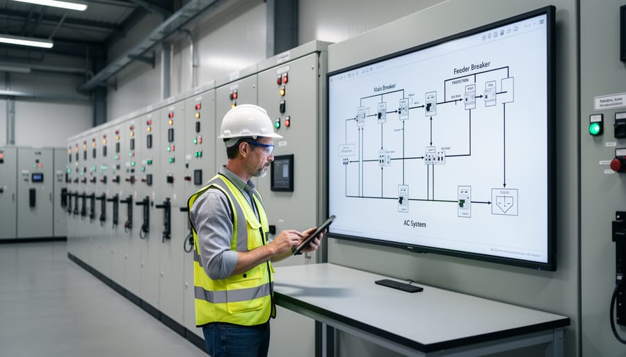 Industrial electrical switchgear cabinet with circuit breakers and protection equipment for solar AC system