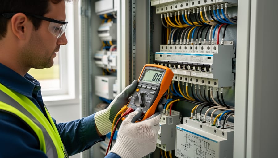 Electrical engineer measuring AC voltage on three-phase disconnect panel with multimeter