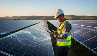 Technician in high-visibility vest beside a large solar farm at golden hour, with soft glowing network lines highlighting certain panels to represent AI-driven fault detection; rows of photovoltaic modules recede toward distant hills.