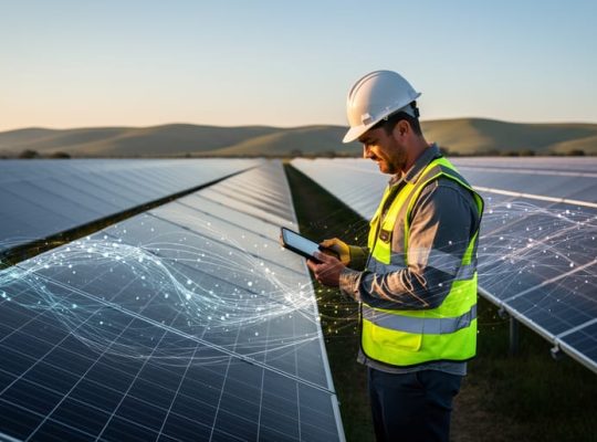 Technician in high-visibility vest beside a large solar farm at golden hour, with soft glowing network lines highlighting certain panels to represent AI-driven fault detection; rows of photovoltaic modules recede toward distant hills.