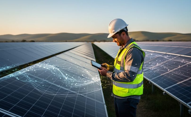 Technician in high-visibility vest beside a large solar farm at golden hour, with soft glowing network lines highlighting certain panels to represent AI-driven fault detection; rows of photovoltaic modules recede toward distant hills.