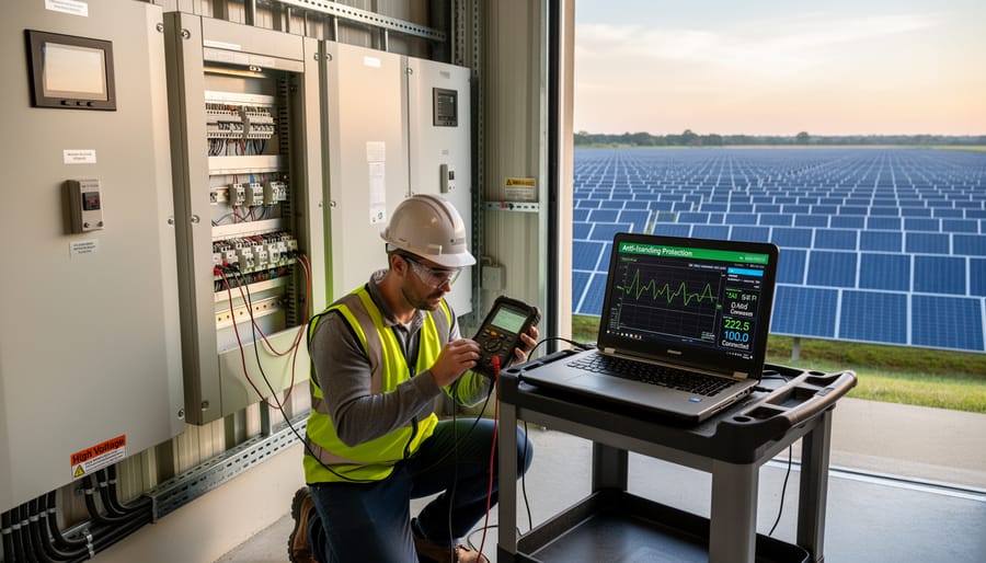 Technician testing solar inverter connections with digital multimeter during commissioning