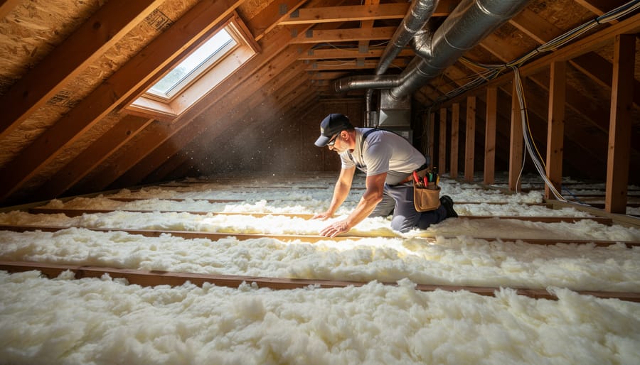 Hands installing insulation batts between attic rafters during home improvement project